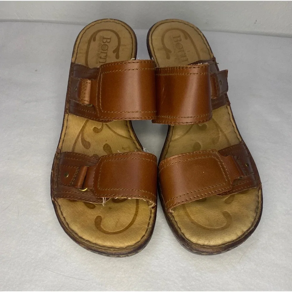 Born Slide Sandals Womens 9 Brown Leather Wedge Adjustable Straps cottagecore‎